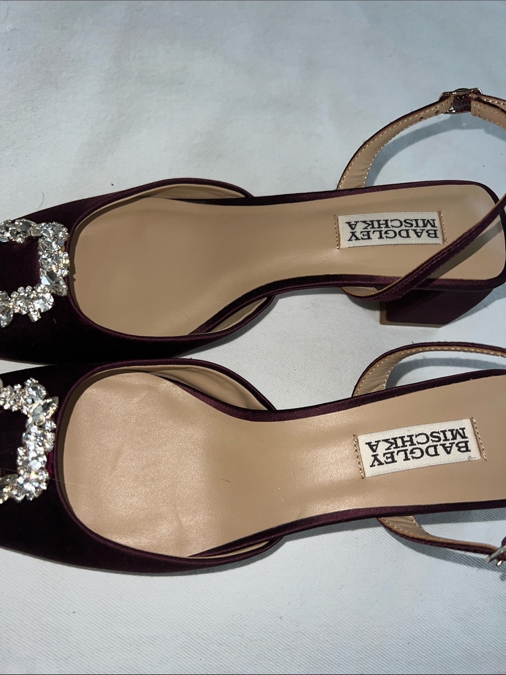 Badgley Mischka Plum Satin Slingback Heels with Crystal Buckles - Picture 4 of 9
